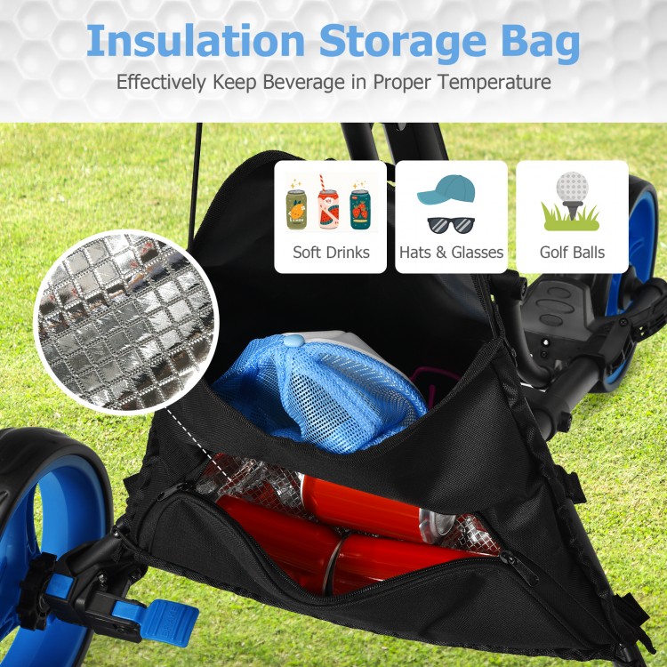 Insulation storage bag of the Folding 3 Wheels Golf Push Cart, designed to keep beverages at the right temperature.
