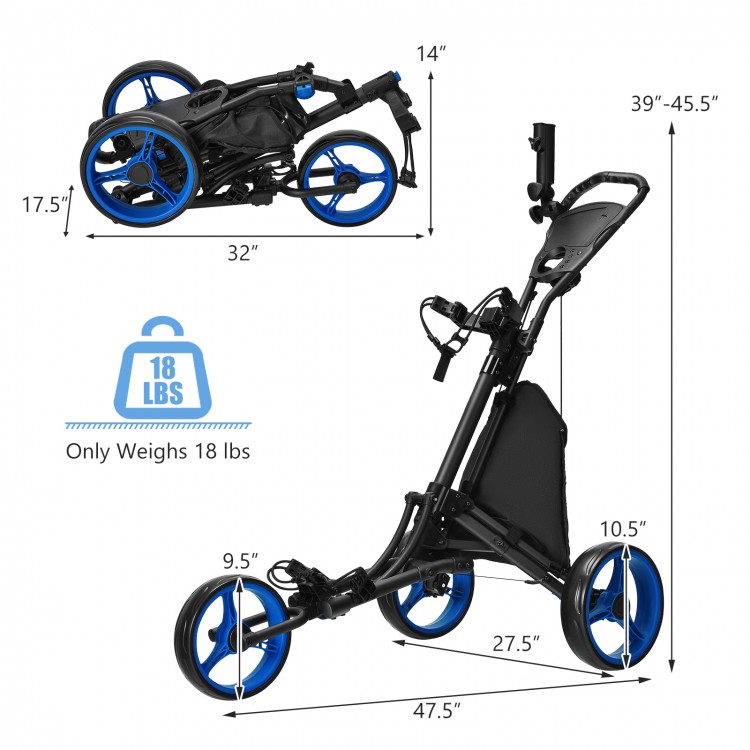 Folding 3 wheels golf push cart in blue with adjustable handle, lightweight aluminum frame, and removable wheels for.