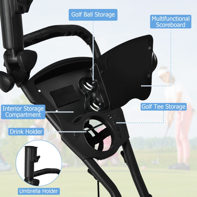 Folding 3 wheels golf push cart features a multifunctional scoreboard, drink holder, and storage compartments in red.