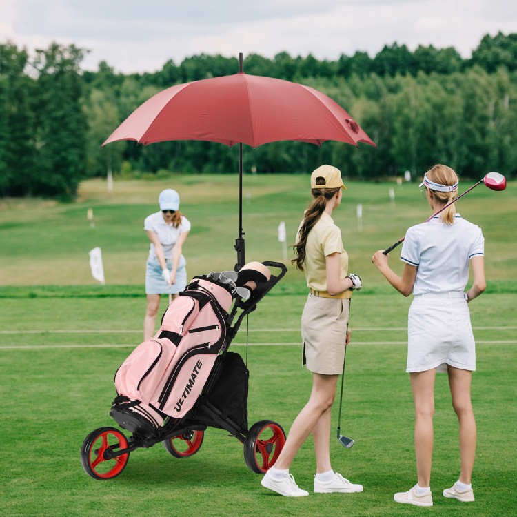 Folding 3 wheels golf push cart in red with bag, featuring adjustable handle and cup holder for easy transport.