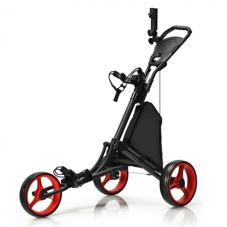 Folding 3-wheeled golf push cart in red with adjustable handle, storage bag, and scoreboard for easy transport.