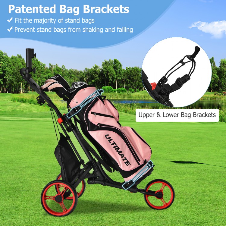 Folding 3 wheels golf push cart in red with patented bag brackets, cup holder, and adjustable handle for stability.