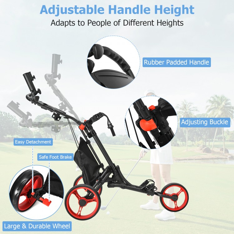 Folding 3 wheels golf push cart with adjustable rubber padded handle and large durable wheels for stability on the.