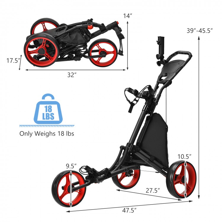 Folding 3 wheels golf push cart in red with adjustable handle, lightweight aluminum, and compact folding design.