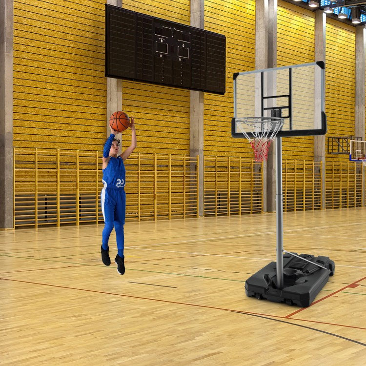 Basketball hoop with adjustable height, 50-inch shatterproof backboard, ideal for indoor and outdoor play.