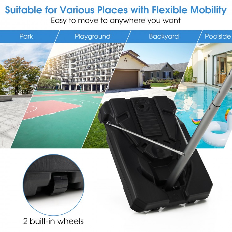 Basketball hoop with 50-inch shatterproof backboard, adjustable height, and built-in wheels for easy mobility.