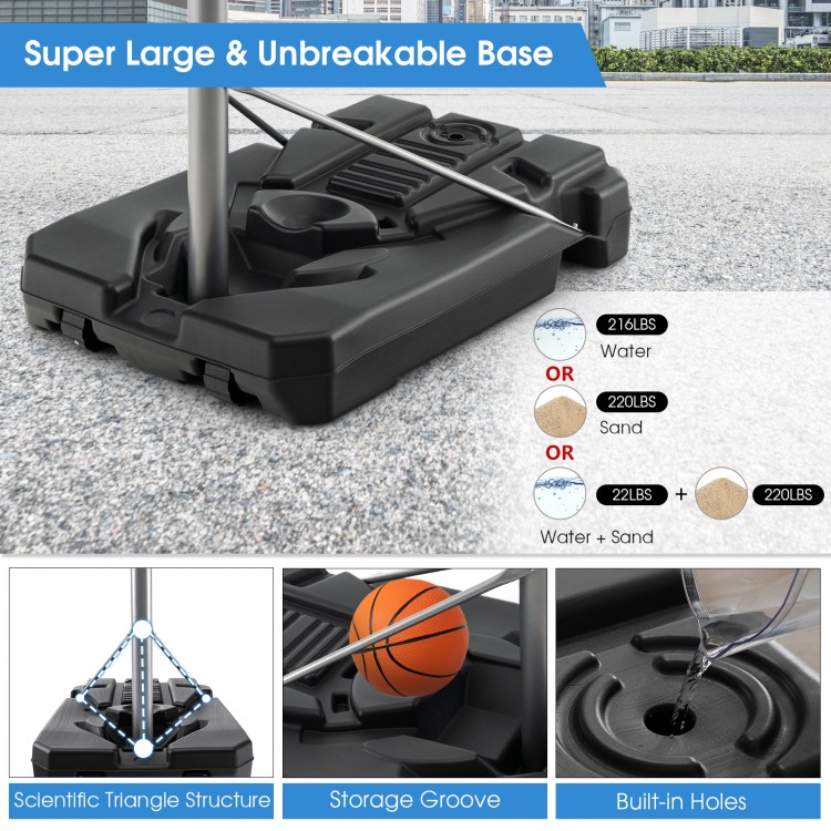 Thickened base of the basketball hoop, designed for stability with options to fill with water or sand for outdoor use.