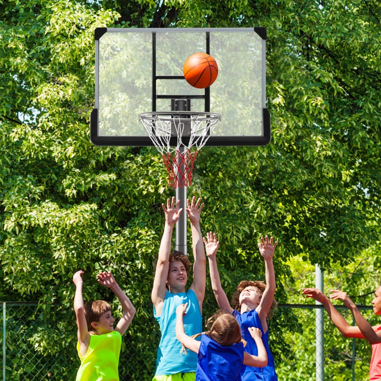 Basketball hoop with 50-inch backboard, adjustable height, and kids playing outdoors for fun and exercise.
