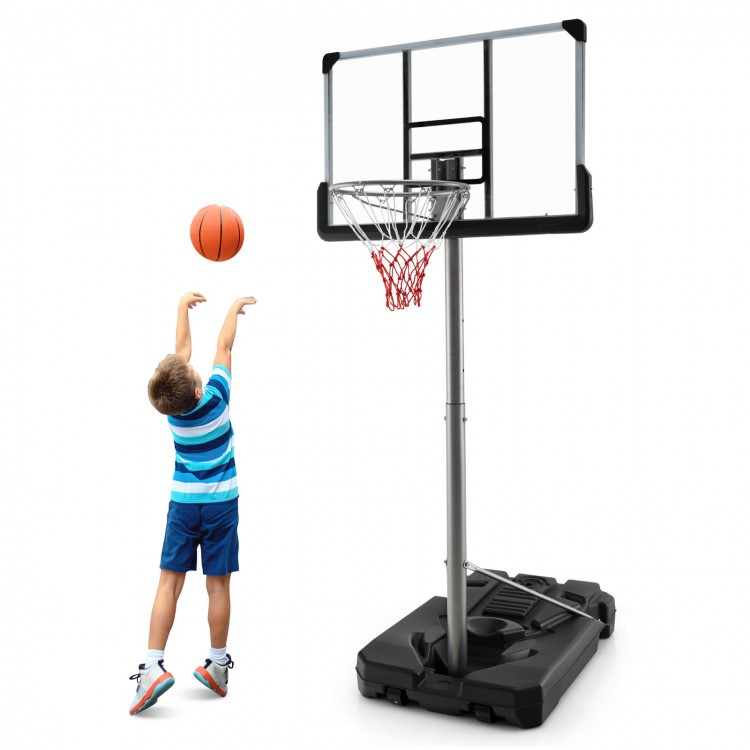 Adjustable basketball hoop with 50-inch backboard, suitable for indoor and outdoor use, featuring a sturdy base and rim.