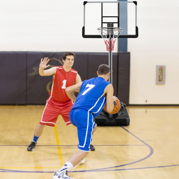 Basketball hoop featuring a 50-inch shatterproof backboard, adjustable height, and sturdy base for indoor or outdoor.