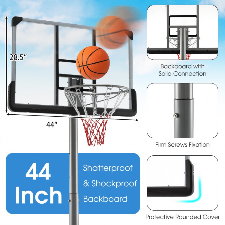 Basketball hoop featuring a 44" shatterproof backboard, adjustable height, and sturdy metal rim for indoor and outdoor.