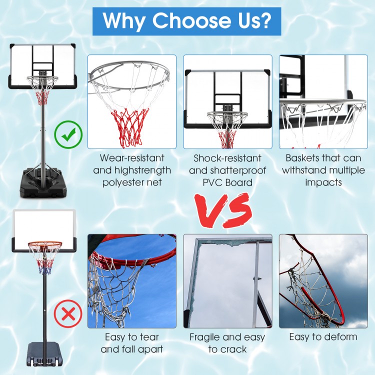 Basketball hoop with adjustable height, 50-inch shatterproof PVC backboard, and sturdy metal rim for indoor/outdoor.