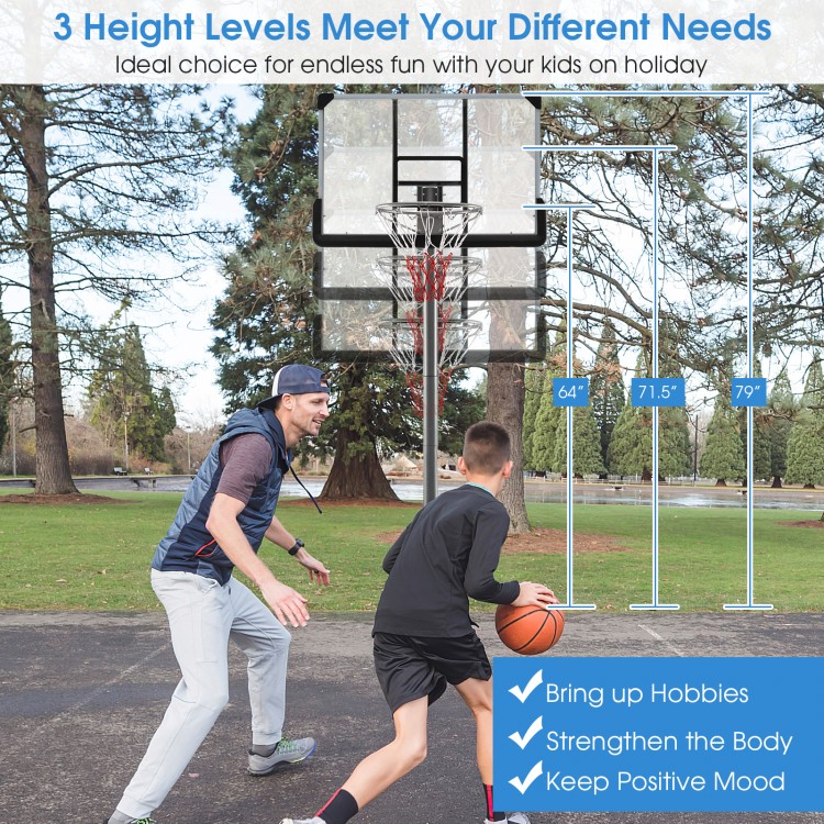 Basketball hoop with adjustable height of 5.4-6.6FT and 50-inch shatterproof backboard, ideal for outdoor fun.