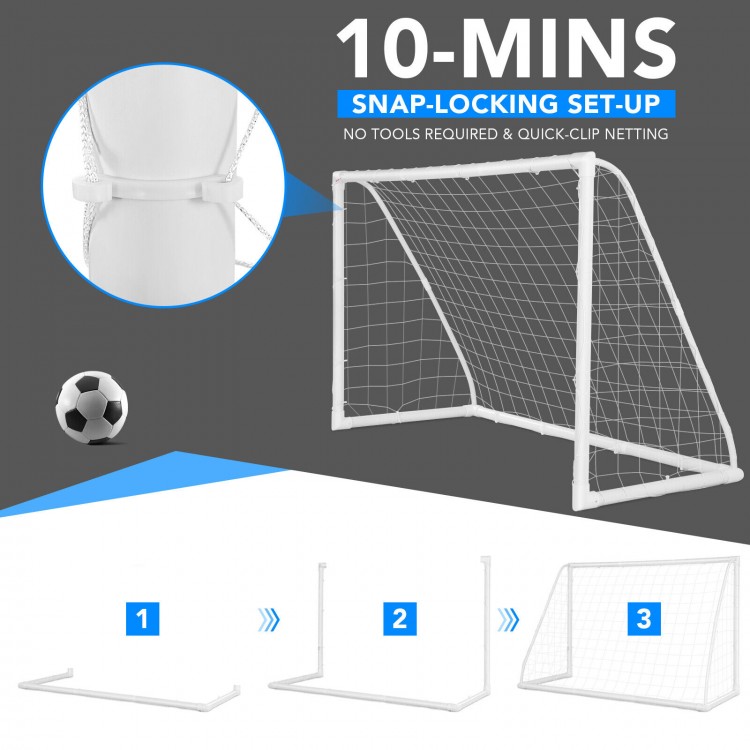 6 x 4 feet soccer goal with strong UPVC frame, featuring snap-lock setup and durable PE netting for outdoor play.