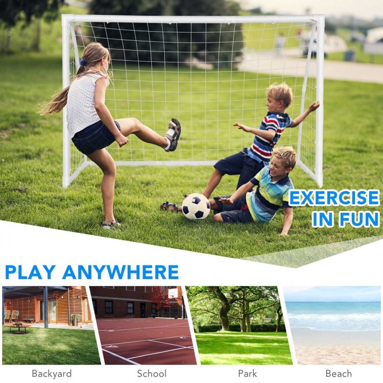 Close-up of the durable PE netting on a 6 x 4 feet soccer goal with a strong UPVC frame, perfect for kids' training.