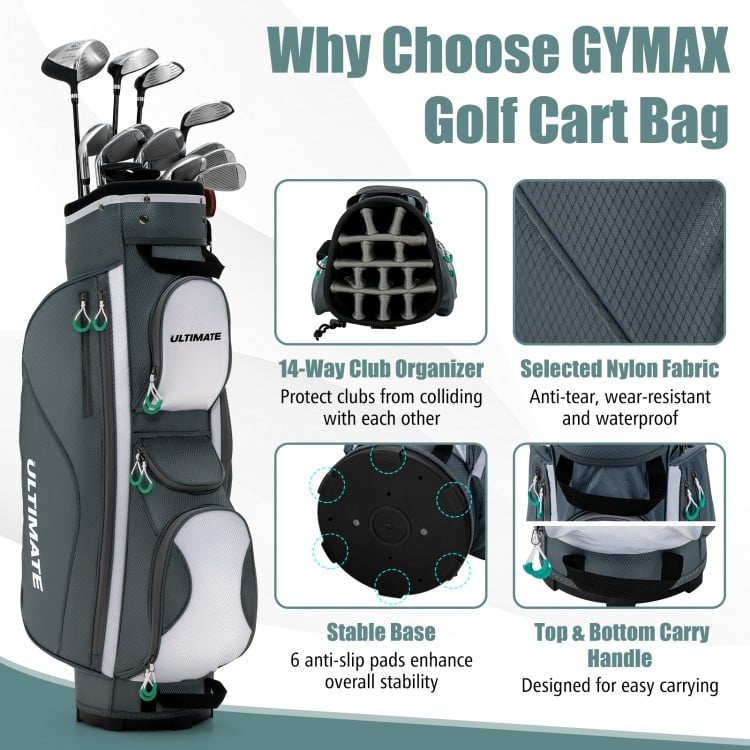 14-way dividers golf cart bag in gray with 7 zippered pockets, top and bottom carry handles, and non-slip base.