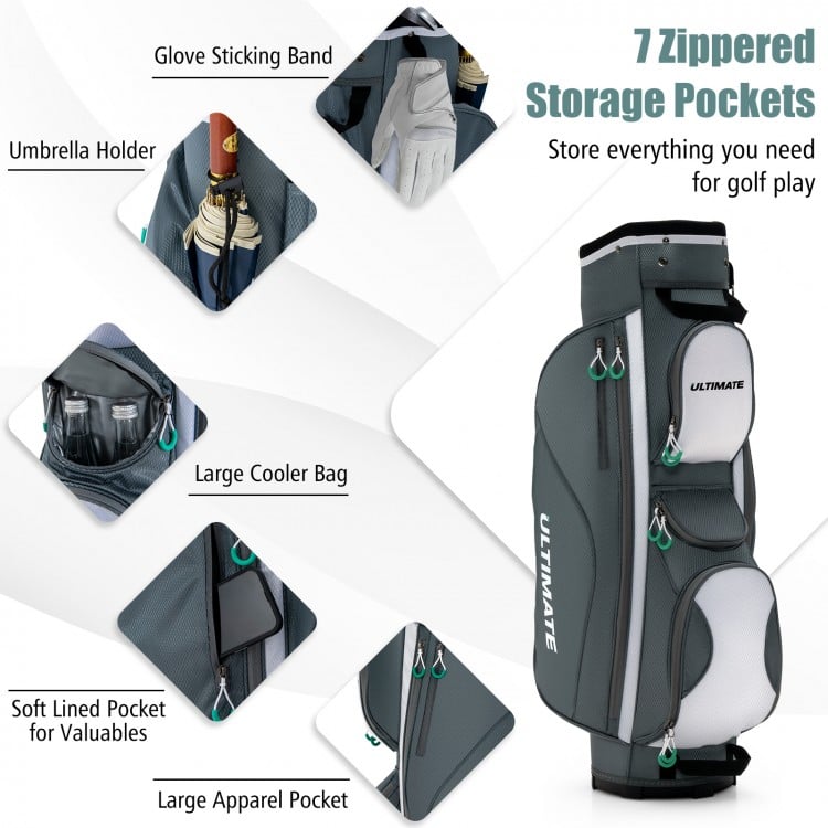 14-way dividers golf cart bag featuring 7 zippered pockets, including a cooler bag, for convenient golf storage.