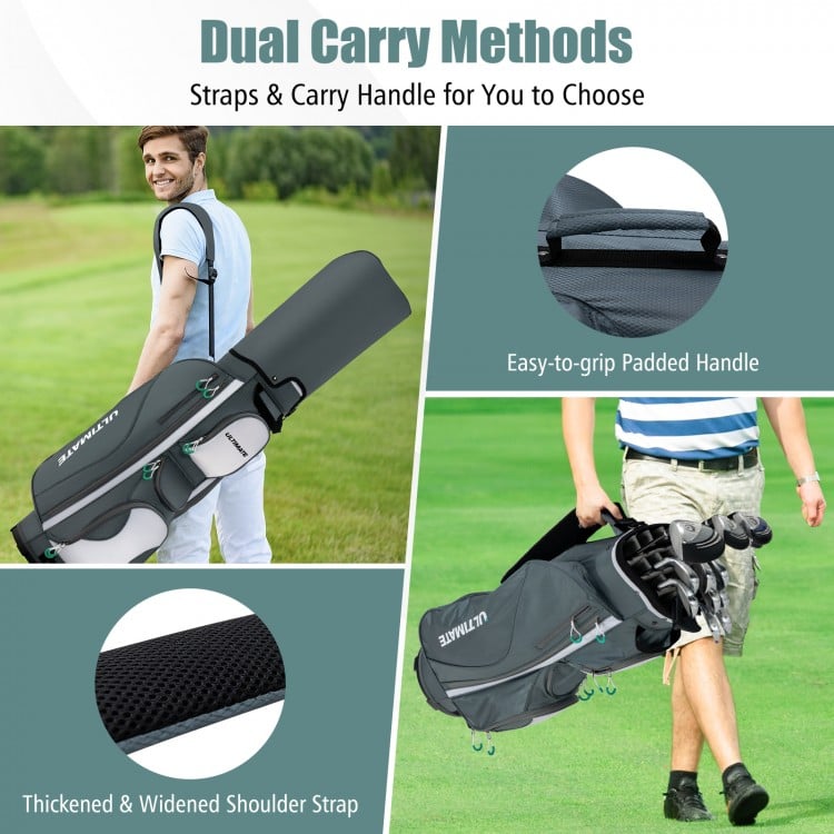 Golf cart bag featuring dual carry methods with padded handle and thickened shoulder strap for easy transport.