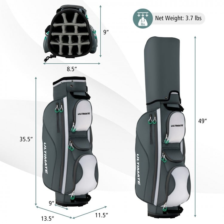 14-way dividers golf cart bag with 7 zippered pockets, lightweight design, and rain hood for club protection.