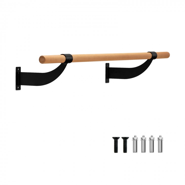 Wall-mounted ballet barre made of solid beech wood with black metal brackets, ideal for yoga and dance training.