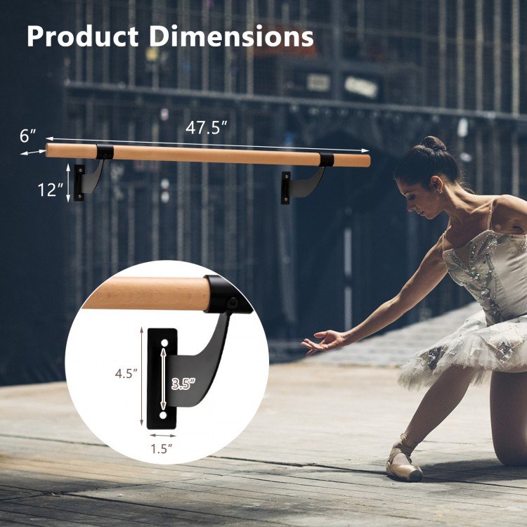 Wall-mounted ballet barre made of solid beech wood, 4 feet long, ideal for yoga and dance training at home or studio.