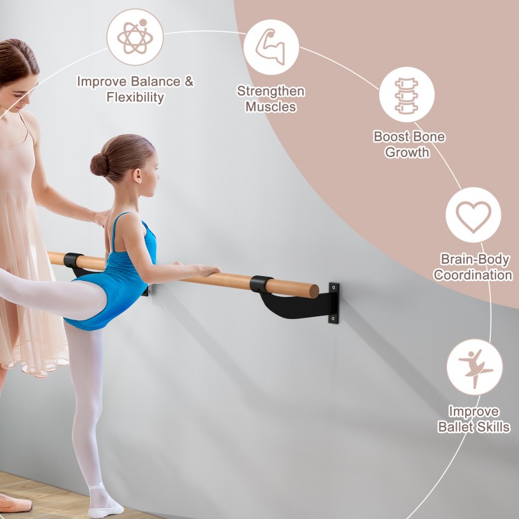 4 feet wall-mounted ballet barre made of solid beech wood, ideal for yoga and ballet training at home or studio.