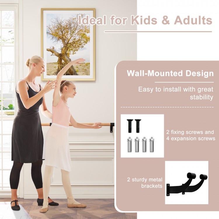 Wall-mounted ballet barre in black, crafted from solid beech wood for stability, ideal for yoga and dance practice.