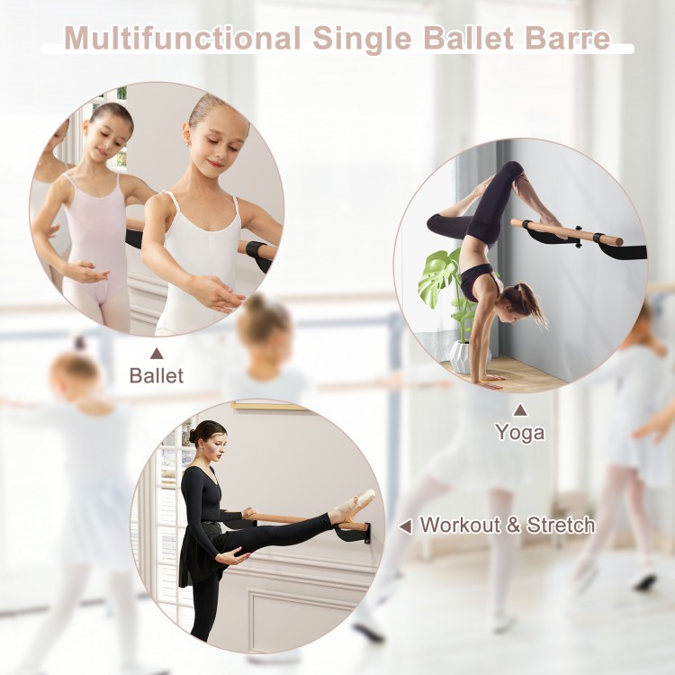 Multifunctional wall-mounted ballet barre in black, made of solid beech wood, ideal for yoga and dance training at home.