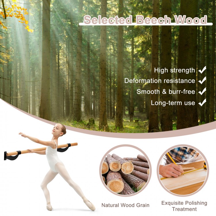 Wall-mounted ballet barre made of solid beech wood, featuring a smooth finish, ideal for yoga and dance training.