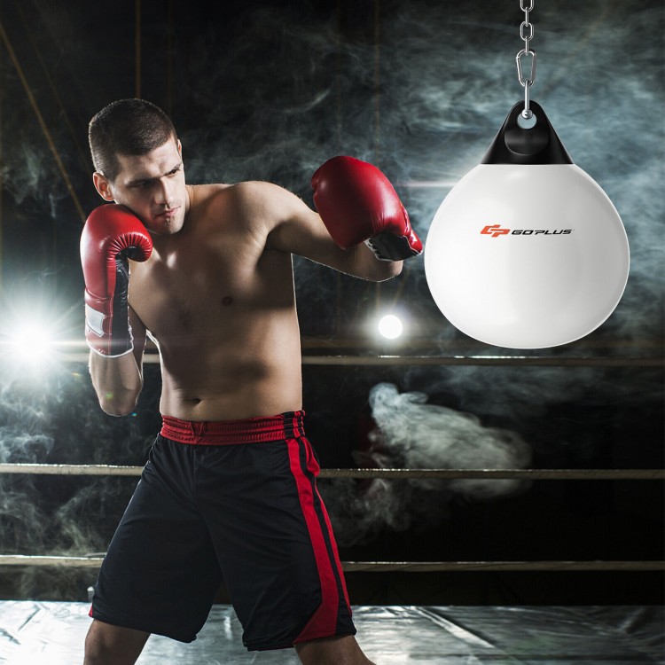 Heavy 18-inch white punching water bag with adjustable chain, ideal for enhancing reaction ability in boxing training.