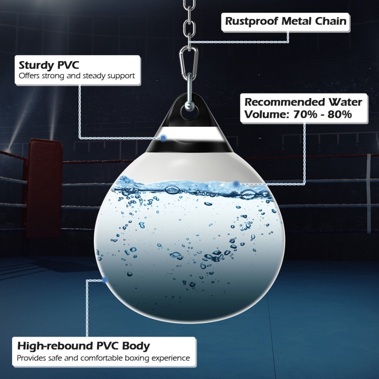 18-inch heavy punching water bag with adjustable metal chain, made of durable PVC, ideal for home and gym workouts.