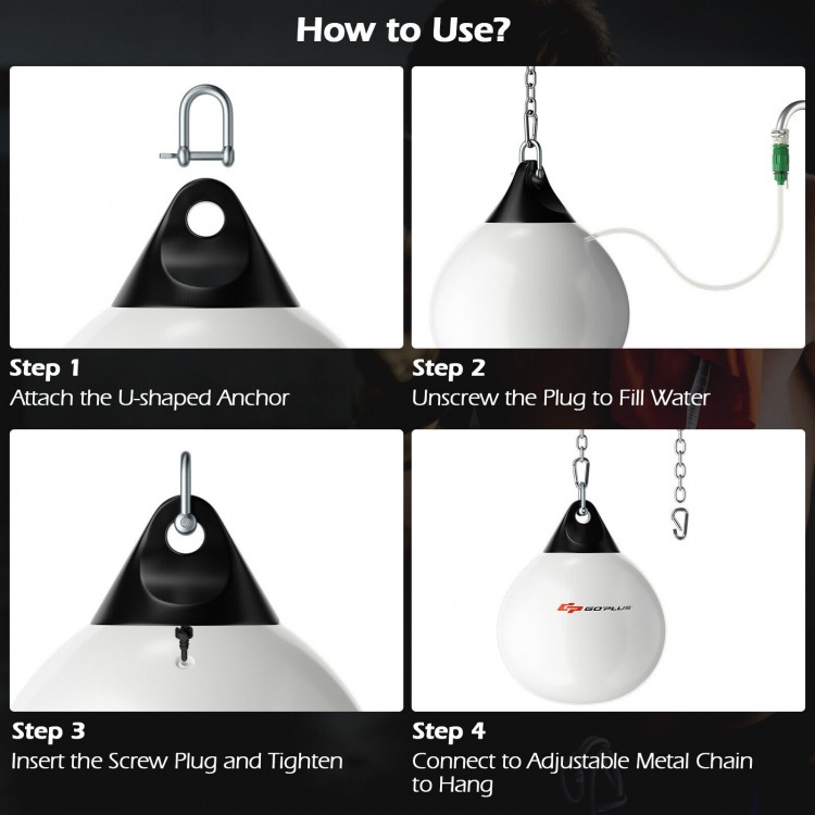 18-inch heavy punching water aqua bag in white with adjustable metal chain, designed for home and gym workouts.