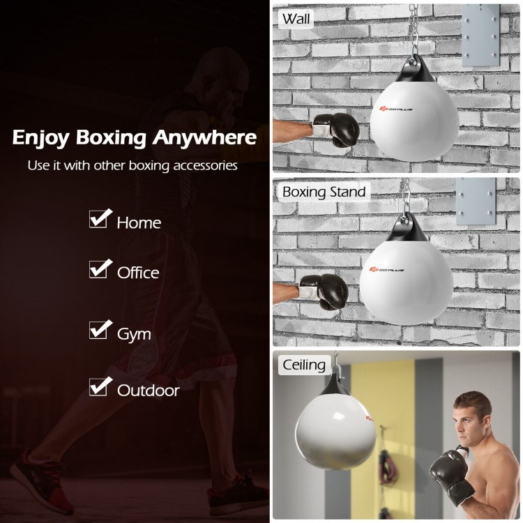 18-inch heavy punching water bag in white, made of durable PVC, suitable for home, gym, or outdoor use with adjustable.