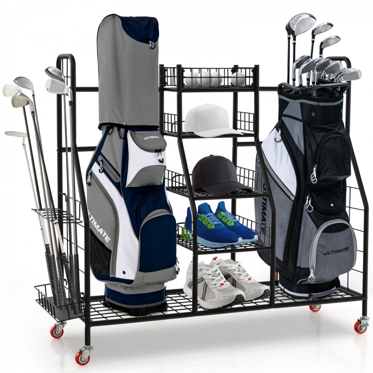 Double Golf Bag Rack with Removable Golf Club Stand and Wheels - Gallery View 1 of 10