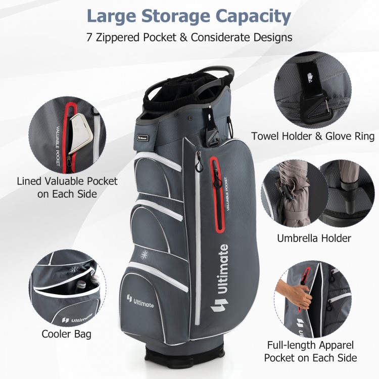 Lightweight golf cart bag with 15-way top dividers, 7 zipper pockets, and cooler bag for convenient storage.
