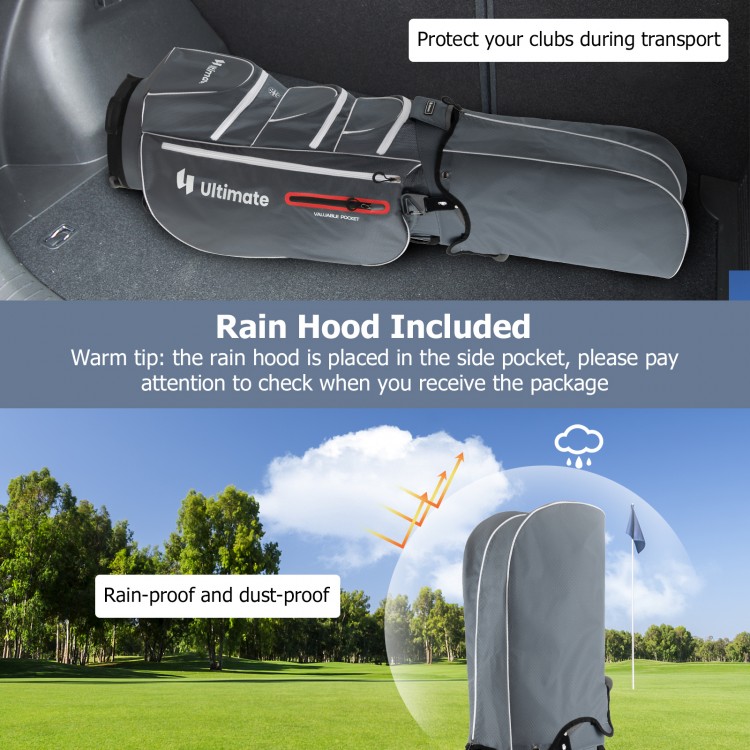 Lightweight 9.5-inch golf cart bag in red with 15-way top dividers, rain hood, and multiple zipper pockets for.