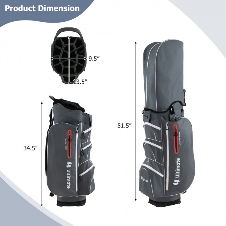 Lightweight 9.5-inch golf cart bag with 15-way top dividers, 7 pockets, and rain hood for club protection.
