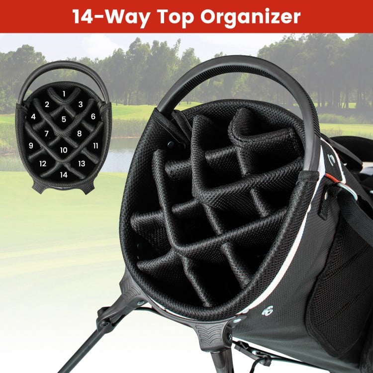 Lightweight golf stand bag featuring a 14-way top organizer and 6 zippered pockets for optimal storage and convenience.