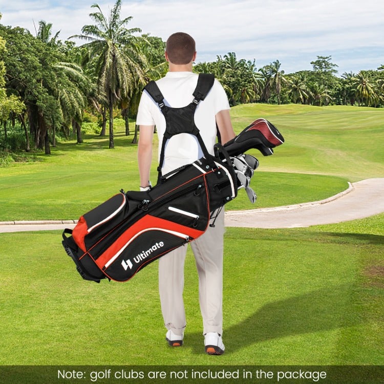 Lightweight golf stand bag in red with 14 way top dividers and 6 pockets, ideal for easy carrying on the course.