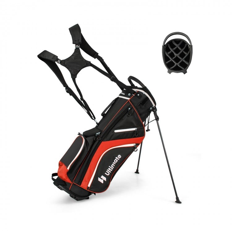 Lightweight golf stand bag in red with 14-way top dividers, 6 pockets, and adjustable shoulder strap for easy carrying.