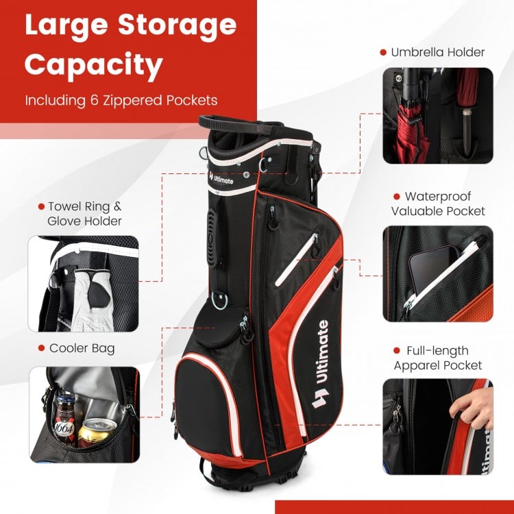 Lightweight golf stand bag in red with 14-way top dividers, 6 zippered pockets, and umbrella holder for easy transport.