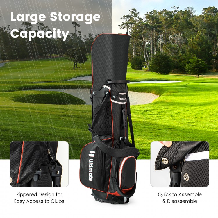 Lightweight golf stand bag in red with 14-way top dividers and 6 zippered pockets, ideal for easy club access.