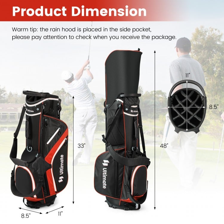 Lightweight red golf stand bag with 14 way top dividers, 6 pockets, and adjustable shoulder strap for easy carrying.