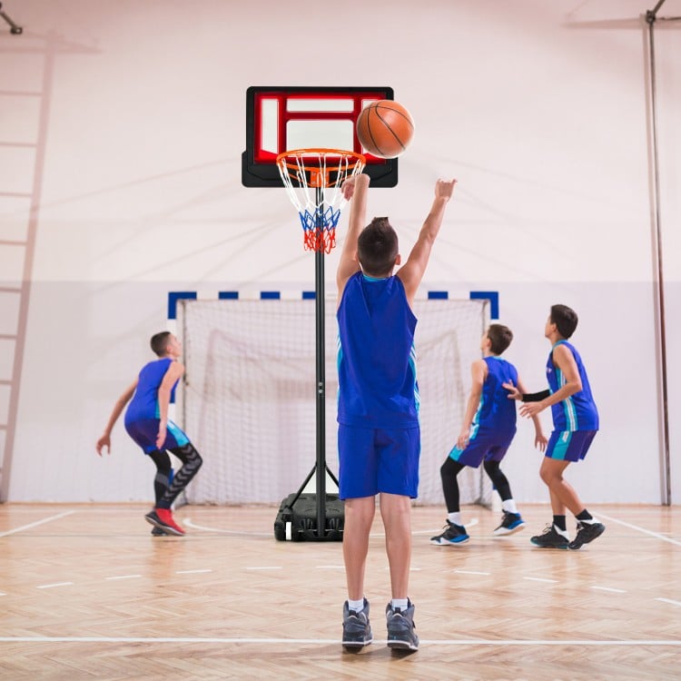Portable basketball hoop with adjustable height from 4.3FT to 8.2FT, featuring built-in wheels for easy mobility.