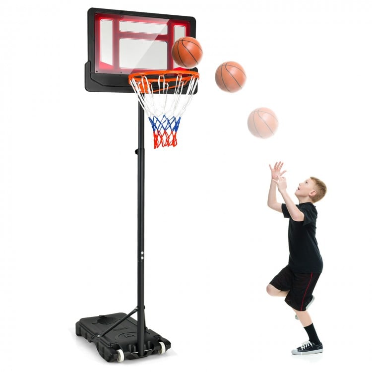 Portable basketball hoop with adjustable height from 4.3FT to 8.2FT, featuring wheels for easy mobility and.