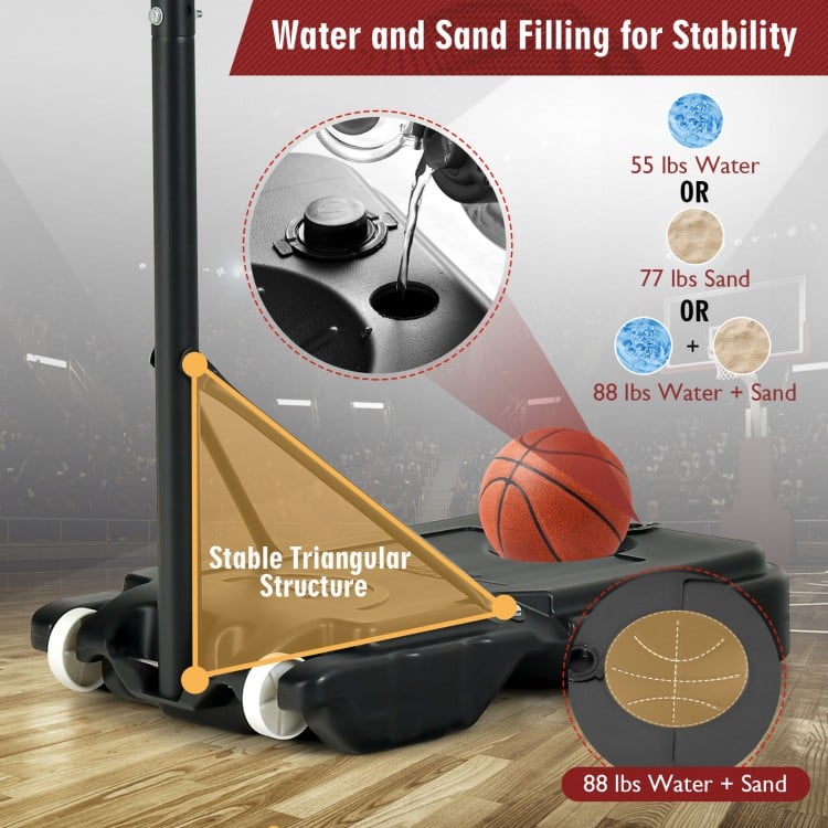 Base of the portable basketball hoop showing water and sand filling options for stability, designed for outdoor use.