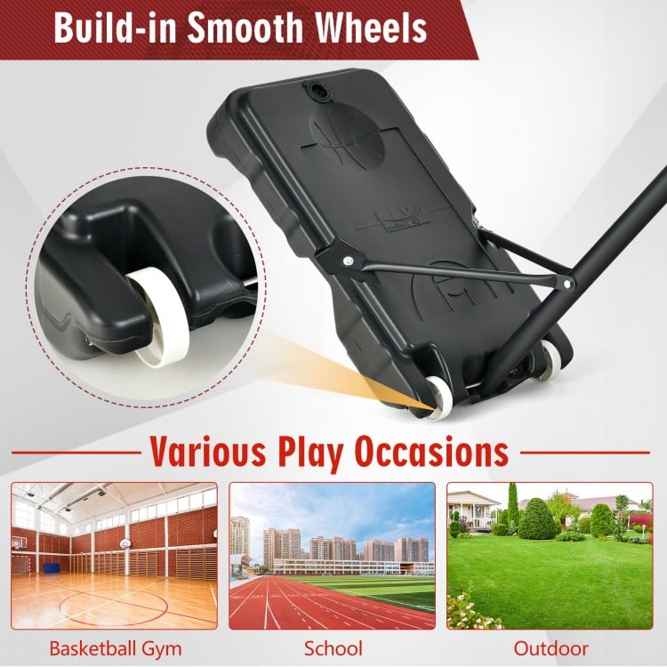 Portable basketball hoop with adjustable height, built-in wheels, and shatterproof backboard for outdoor play.