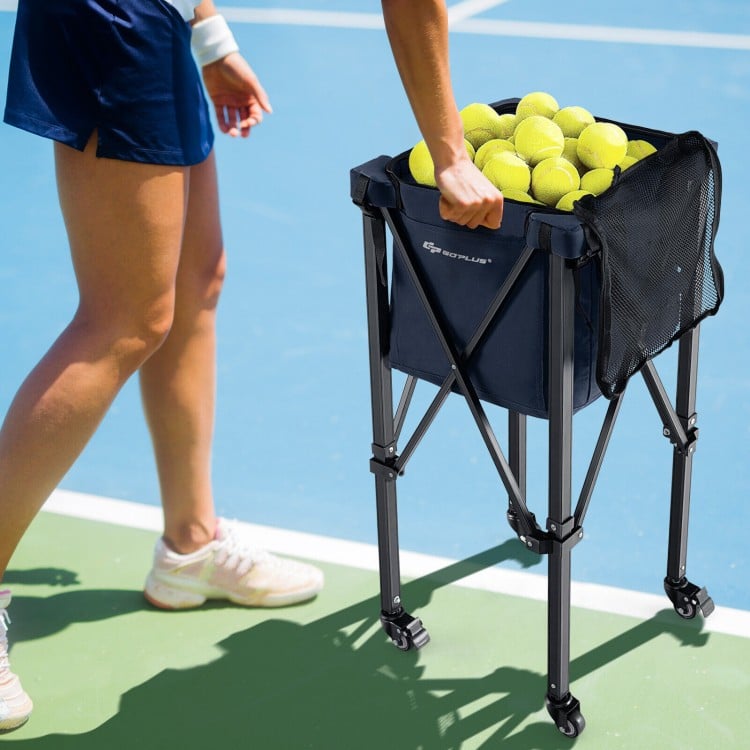Lightweight foldable tennis ball cart in blue with removable bag, holding 150 balls, ideal for easy transport and.