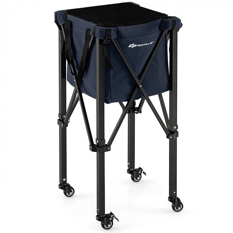 Lightweight foldable tennis ball cart in blue with removable bag, 4 wheels, and sturdy aluminum frame for easy.