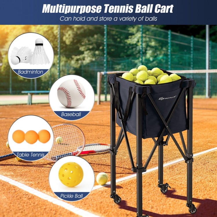 Lightweight foldable tennis ball cart with removable bag, holding 150 balls, ideal for tennis, badminton, and.